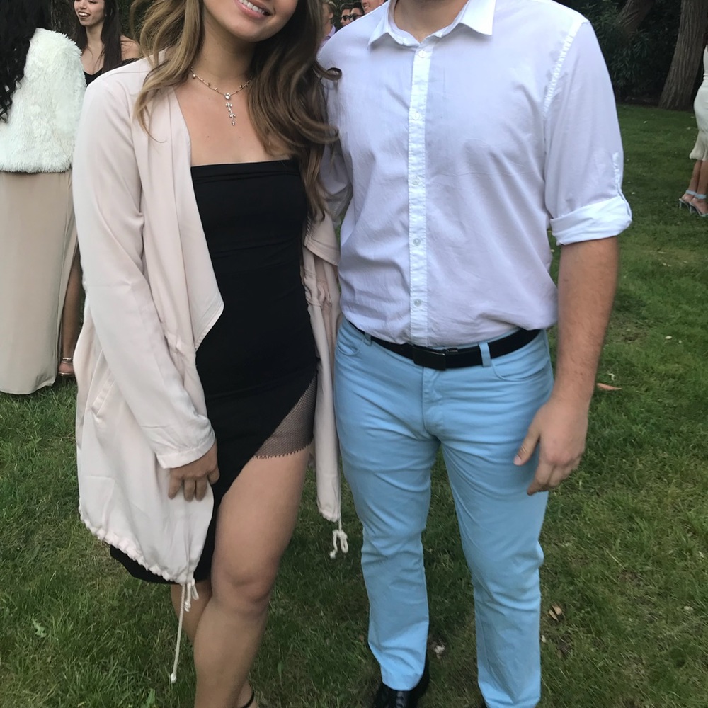 Black strapless dress.